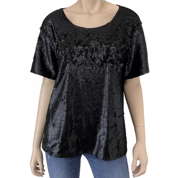 WORTHINGTON Black & Silver Sparkle Sequin Short Sleeve Festive Disco Blouse Sz L - Picture 2 of 16